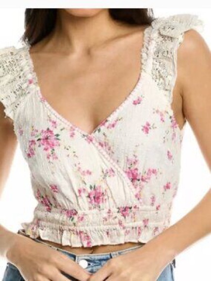Loveshackfancy Cream Crop Top With Pink Floral Print